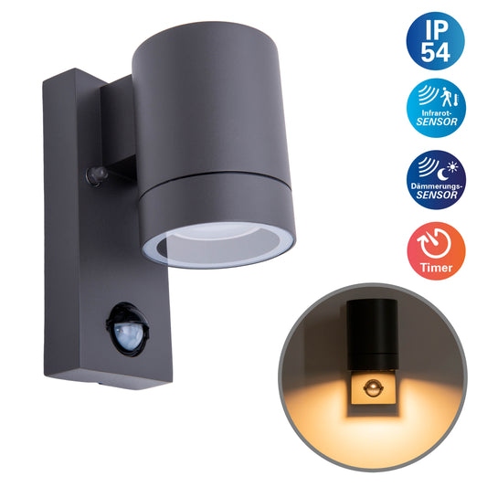 Außenwandleuchte "ROMBE" H: 16,5cm mit Bewegungsmelder, Außenwandlampe im Modern Style, aus Metall und Glas in anthrazit, 16,5 cm hoch, Ø 7,5 cm, 7,5 cm tief, GU10 Dämmerungssensor Bewegungssensor