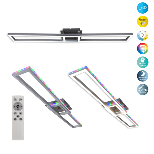 Deckenleuchten - LED /CCT Deckenleuchte + RGB-Backlight "BANTRY" L:115cm, Deckenlampe im Modern Style, aus Metall und Kunststoff in aluminium, 115 x 20 x 8,5 cm, inkl. LED dimmbar CCT-Wechsler RGB-Farbwechsler Nachtlichtfunktion Timerfunktion 