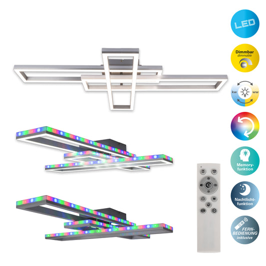 Deckenleuchten - LED /CCT Deckenleuchte + RGB-Backlight "BANTRY" L:95cm, Deckenlampe im Modern Style, aus Metall und Kunststoff in aluminium, 95 x 60 x 11 cm, inkl. LED dimmbar CCT-Wechsler RGB-Farbwechsler Nachtlichtfunktion Timerfunktion Fer