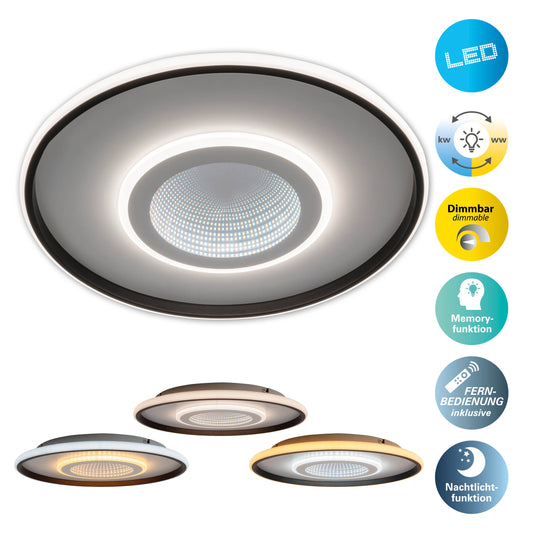 Deckenleuchten - LED / CCT Deckenleuchte 3D-Effekt "REDONA" Ø: 50cm, Deckenlampe im Modern Style, aus Metall und Kunststoff in schwarz, 6 cm hoch, Ø 50 cm, inkl. LED dimmbar CCT-Wechsler Nachtlichtfunktion Fernbedienung Inkl. Memoryfunktion