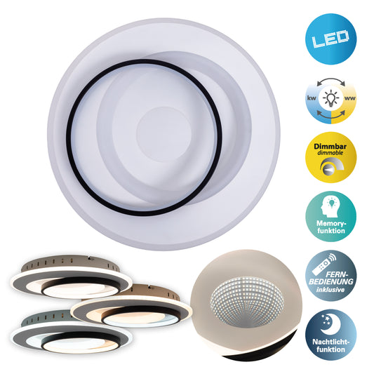 Deckenleuchten - LED / CCT Deckenleuchte "MALEA" 3D-Effekt Ø: 49cm, Deckenlampe im Modern Style, aus Metall und Kunststoff in schwarz, 8,5 cm hoch, Ø 49 cm, inkl. LED dimmbar CCT-Wechsler Nachtlichtfunktion Fernbedienung Inkl. Memoryfunktion