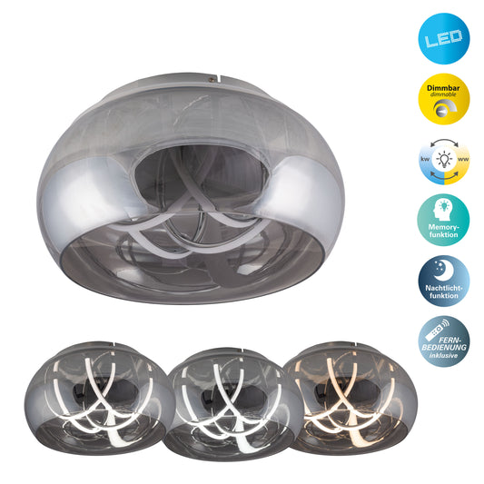 Deckenleuchten - LED Deckenleuchte "MALOU" Ø: 45 cm, Deckenlampe im Modern Style, aus Metall und Glas in chrome, 23,5 cm hoch, Ø 45 cm, inkl. LED dimmbar CCT-Wechsler Nachtlichtfunktion Fernbedienung