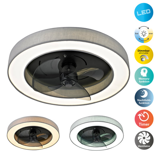 LED / CCT Deckenleuchte "VALENTO" inkl. Ventilator Ø: 51cm grau