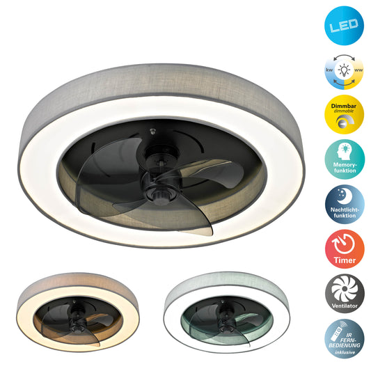 LED / CCT Deckenleuchte "VALENTO" inkl. Ventilator Ø: 51cm grau