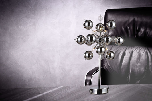Tischleuchten - Tischleuchte "EXPLOSION" chrom H: 73 cm, Tischlampe im Modern Style, aus Metall und Glas in chrome, 73 cm hoch, Ø 51 cm, G9-Fassung Schnurschalter