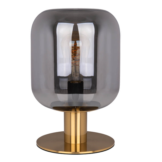 Tischleuchten - Glas-Tischleuchte "ALESSIO" H: 30 cm, Tischlampe im Retro Style, aus Metall und Glas in gold, 30 cm hoch, Ø 20 cm, E27-Fassung Schnurschalter