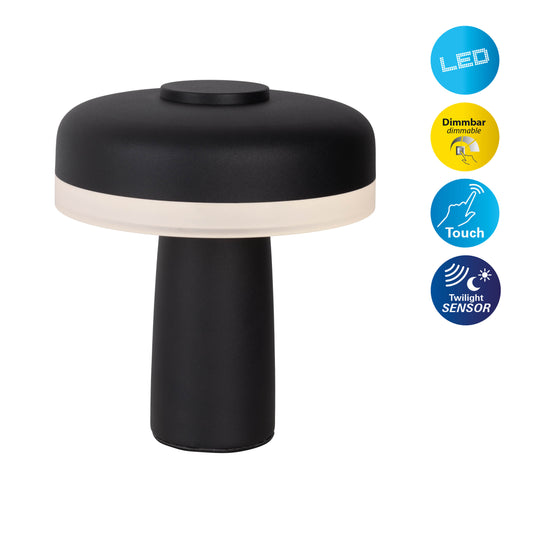 Tischleuchten - Akku-/Tischleuchte schwarz "PILU", Tischlampe im Scandi Style, aus Metall und Kunststoff in schwarz, 16,5 cm hoch, Ø 15 cm, inkl. LED dimmbar Akkubetrieb Akku- und Netzbetrieb Berührungssensor
