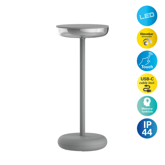 Außentischleuchten - Akku-Tischleuchte "PASI" grau, Tischlampe für den Außenbereich im Design Style aus Kunststoff in grau, 26,4 cm hoch, Ø 11 cm, LED Platine dimmbar Berührungssensor Akkubetrieb Inkl. Memoryfunktion