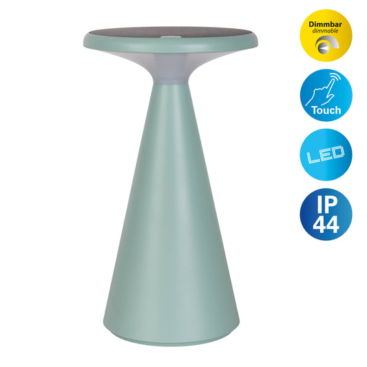 Außentischleuchten - Solar-Akku-Tischleuchte "PALU" mint, Tischlampe für den Außenbereich im Design Style aus Kunststoff in mint, 20 cm hoch, Ø 11,5 cm, LED Platine dimmbar Berührungssensor Inkl. Memoryfunktion