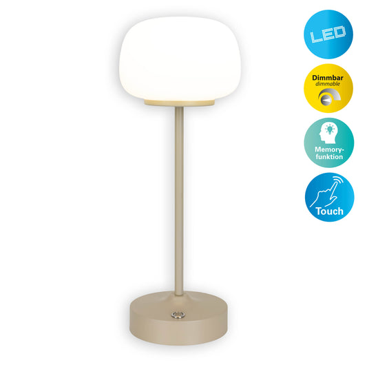 Tischleuchten - LED Akku-/Tischleuchte "PINA" H: 30cm beige, Tischlampe im Scandi Style, aus Metall und Glas in beige, 30 cm hoch, Ø 10,5 cm, inkl. LED dimmbar Akkubetrieb Akku- und Netzbetrieb Berührungssensor USB Typ C