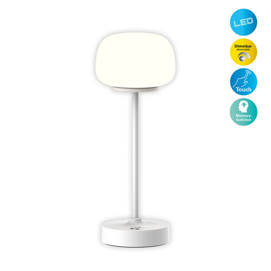 Tischleuchten - LED Akku-/ Tischleuchte "PINA" weiß, Tischlampe im Scandi Style, aus Metall und Glas in weiß, 30 cm hoch, Ø 10,5 cm, inkl. LED dimmbar Akkubetrieb Akku- und Netzbetrieb Berührungssensor USB Typ C