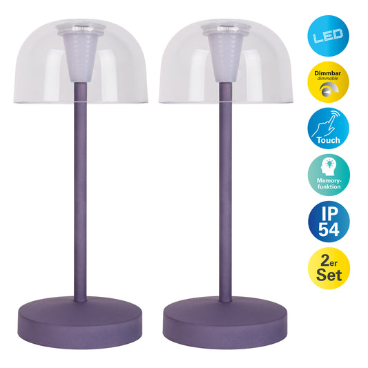 2er-Set Akku-/Tischleuchte "GOMBA" H: 18,5cm brombeere
