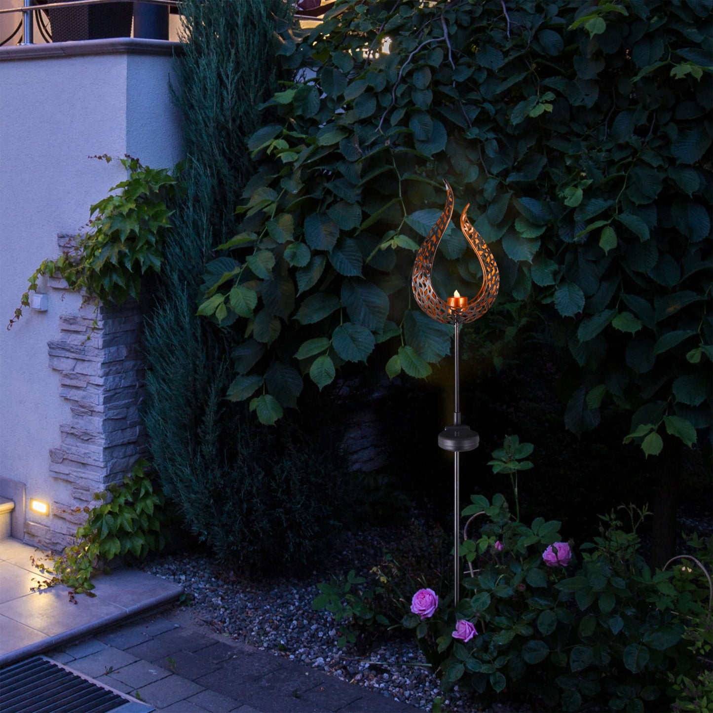 LED-Solar Erdspieß "Flamme", Lampe für den Außenbereich im Oriental-Style, aus Metall und Kunststoff in braun, 15,8 x 6 x 90 cm, mit LED Platine mit Schiebeschalter Dämmerungssensor