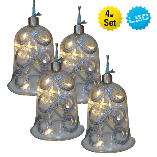 4er-Set LED Dekoglas mit Lichterkette "GLOCKE"