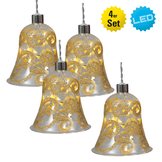 4er-Set LED Dekoglas mit Lichterkette "Glocke"