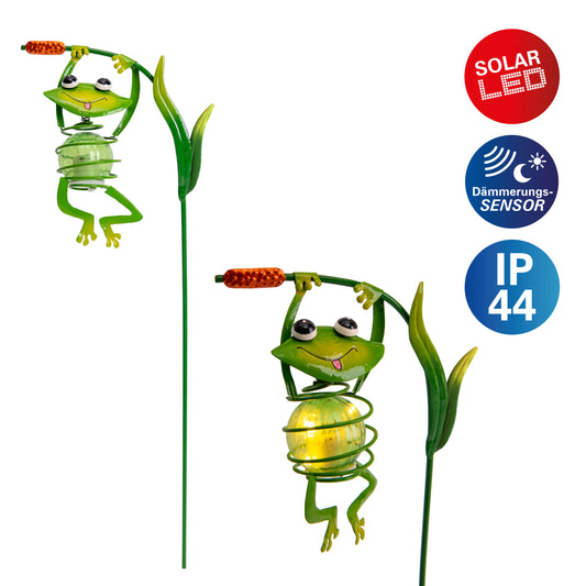 LED-Solar Erdspieß "FROSCH", Lampe für den Außenbereich im Romantik-Style, aus Metall und Kunststoff in grün, 15,3 x 6,5 x 66 cm, mit Diode mit Schiebeschalter Dämmerungssensor
