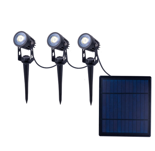 3er LED Solarspot mit Erdspieß "SPOTI", Lampe für den Außenbereich im Functional Style, aus Metall und Kunststoff in schwarz, 24 cm hoch, Ø 4,1 cm, LED Platine mit Druckschalter Dämmerungssensor