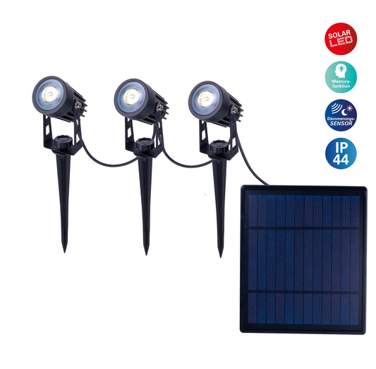 3er LED Solarspot mit Erdspieß "SPOTI", Lampe für den Außenbereich im Functional Style, aus Metall und Kunststoff in schwarz, 24 cm hoch, Ø 4,1 cm, LED Platine mit Druckschalter Dämmerungssensor