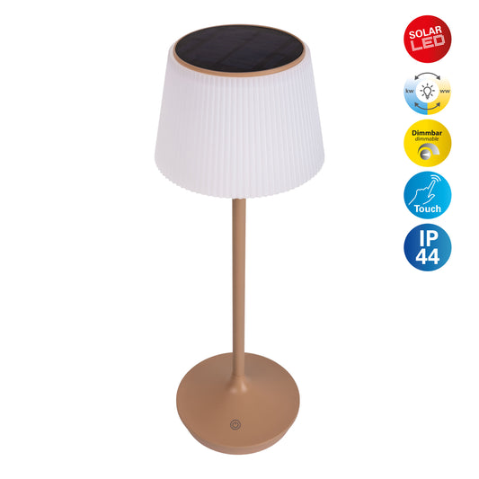 Außentischleuchten - LED / CCT Solar-/ Akkutischleuchte "EMMI" H: 38cm almond, Tischlampe für den Außenbereich im Scandi Stil aus Metall und Kunststoff in beige, 38 cm hoch, Ø 13 cm, LED Platine dimmbar Berührungssensor CCT-Wechsler