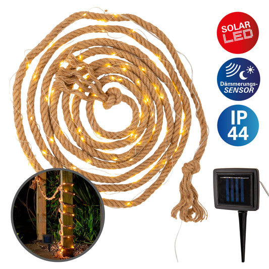 Solar-Lichterkette "CANAMO" - 800 cm lang, im Natural Style, aus Metall, Kunststoff und Naturmaterial, naturfarben, 100 LED für den Außenbereich Druckschalter