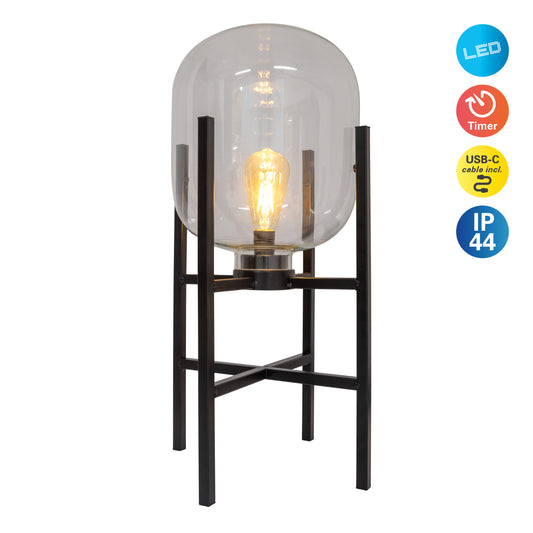 Außentischleuchten - LED Akku-/Sockelleuchte "LORA" H: 58 cm schwarz, Tischlampe für den Außenbereich im Industrial Style aus Metall, Glas und Kunststoff in schwarz, 58 cm hoch, Ø 26 cm, LED Platine Schiebeschalter Akkubetrieb Timerfunktion