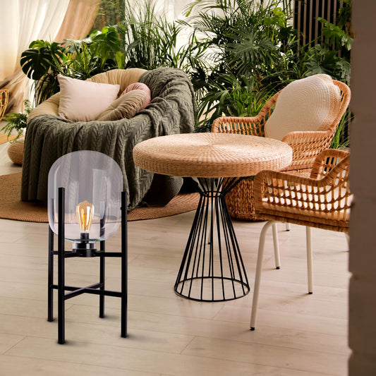 Außentischleuchten - LED Akku-/Sockelleuchte "LORA" H: 58 cm schwarz, Tischlampe für den Außenbereich im Industrial Style aus Metall, Glas und Kunststoff in schwarz, 58 cm hoch, Ø 26 cm, LED Platine Schiebeschalter Akkubetrieb Timerfunktion