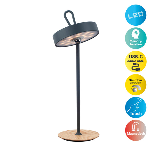 Tischleuchten - LED-Akku-Tischleuchte "ELLI" grau, Tischlampe für den Außenbereich im Modern Style aus Metall, Kunststoff und Naturmaterial in grau, 36 cm hoch, Ø 13 cm, LED Platine dimmbar Berührungssensor Akkubetrieb