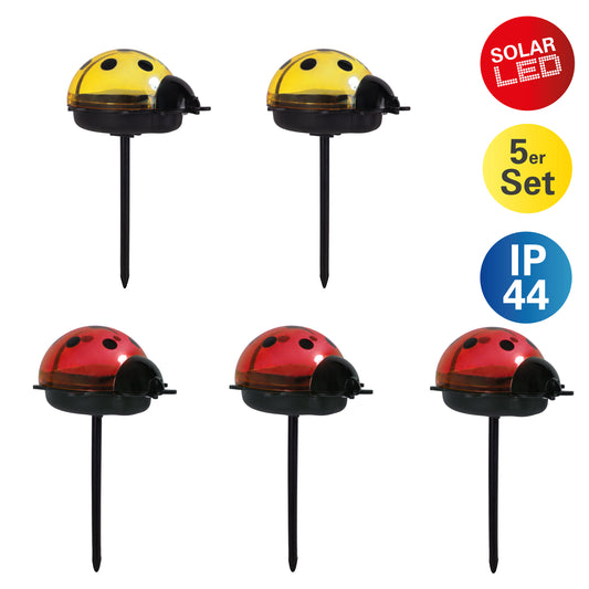 5er-Set Solar-/Dekoerdspieß "LADYBUG", Lampe für den Außenbereich im Romantik-Style, aus Kunststoff in bunt, 7,8 x 6 x 14,2 cm, mit LED Platine mit Schiebeschalter Dämmerungssensor