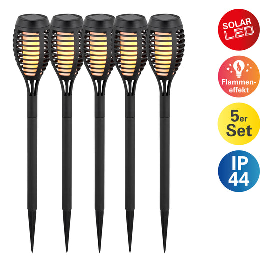 5er-Set Solar-/Fackelerdspieß "FANILO" H: 47cm, Lampe für den Außenbereich im Landhaus Stil, aus Kunststoff in schwarz, 47 cm hoch, Ø 7,4 cm, LED Platine mit Schiebeschalter