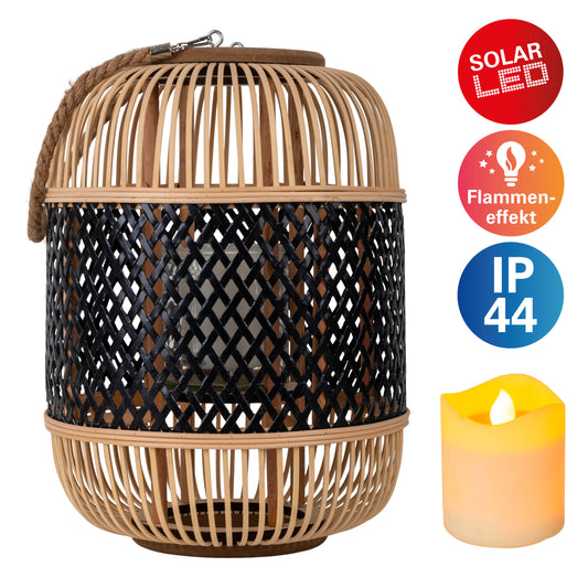 Solar Dekoleuchte "KORBINIAN" Inkl. Flammeneffekt H: 38 cm, Lampe für den Außenbereich im Asia-Style, aus Korb in schwarz, 38 cm hoch, Ø 27 cm, Diode mit Druckschalter Dämmerungssensor