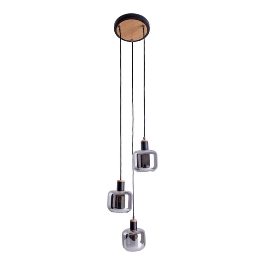 Pendelleuchten - 3er Deckenleuchte "FUMOSO", Hängelampe im Retro Style, aus Metall und Glas in schwarz, 120 cm hoch, Ø 20 cm, E14-Fassung
