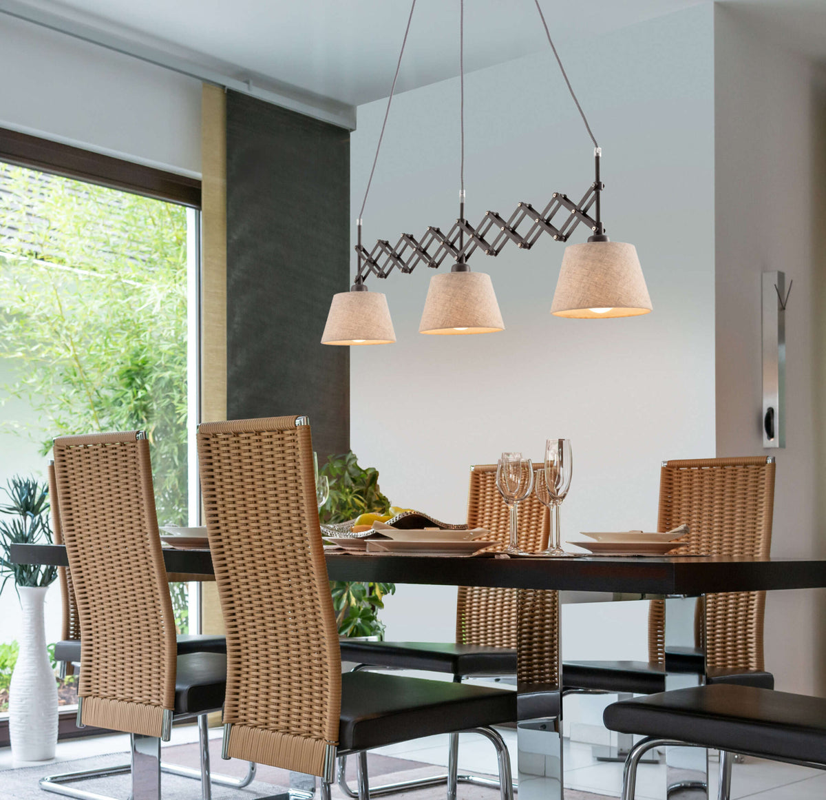 Pendelleuchte - Scherenpendelleuchte "ADRIENNE" max. b: 52-100cm natur, Hängelampe im Retro Style, ausMetall, Kunststoff und Textilmaterial in natur, 130 cm hoch, Maße 100 x 35 cm, E27-Fassung