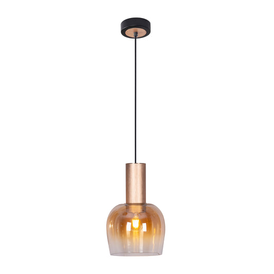 Pendelleuchten - 1er Pendelleuchte "FUNDA" amber, Hängelampe im Retro Style, aus Metall und Glas in messing, 150 cm hoch, Ø 23,5 cm, E27-Fassung
