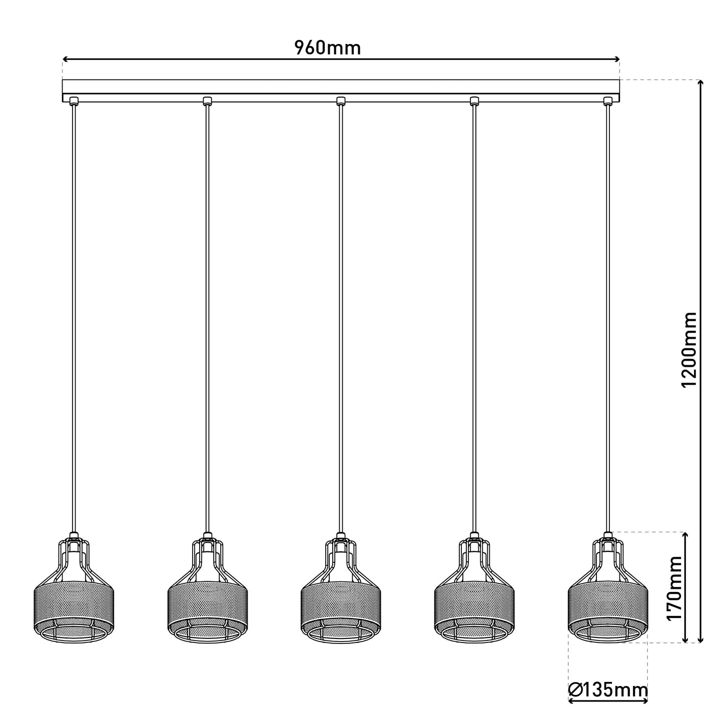 5er Pendelleuchte "FORO" L: 96cm schwarz/golden
