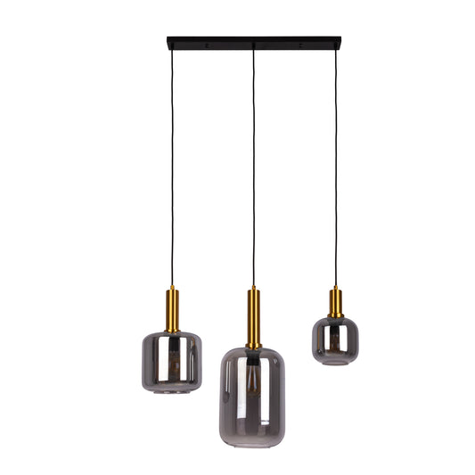 Pendelleuchte - 3er Pendelleuchte "FUMO" L: 82,4cm, Hängelampe im Retro Style, ausMetall und Glas in schwarz, 150 cm hoch, Maße 82,4 x 22 cm, E27-Fassung