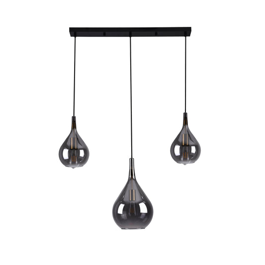 Pendelleuchte - 3er Pendelleuchte "GOTA" smokey, Hängelampe im Retro Style, ausMetall und Glas in schwarz, 150 cm hoch, Maße 88 x 25 cm, E27-Fassung