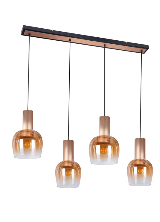 Pendelleuchte - 4er Pendelleuchte "FUNDA" L: 111cm amber, Hängelampe im Retro Style, ausMetall und Glas in messing, 150 cm hoch, Maße 111 x 23,5 cm, E27-Fassung