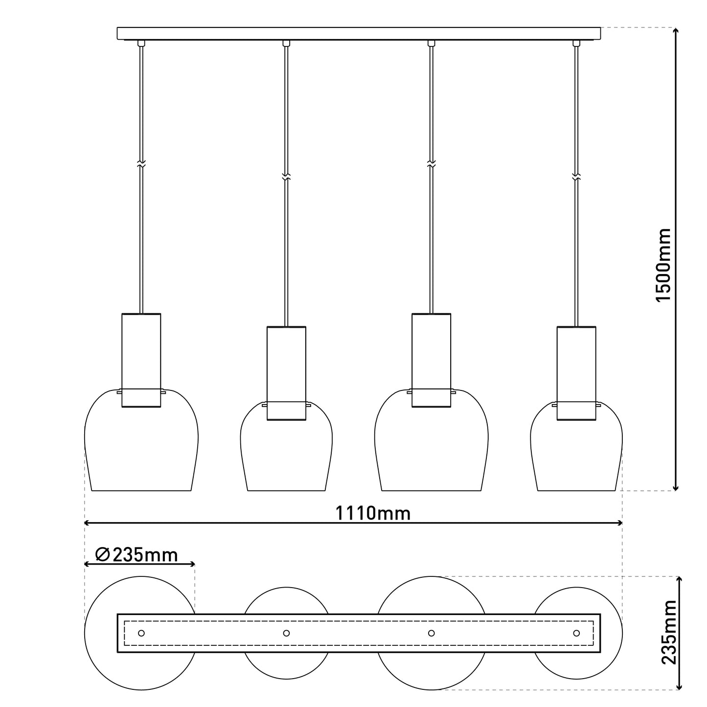 4er Pendelleuchte "FUNDA" L: 111cm amber