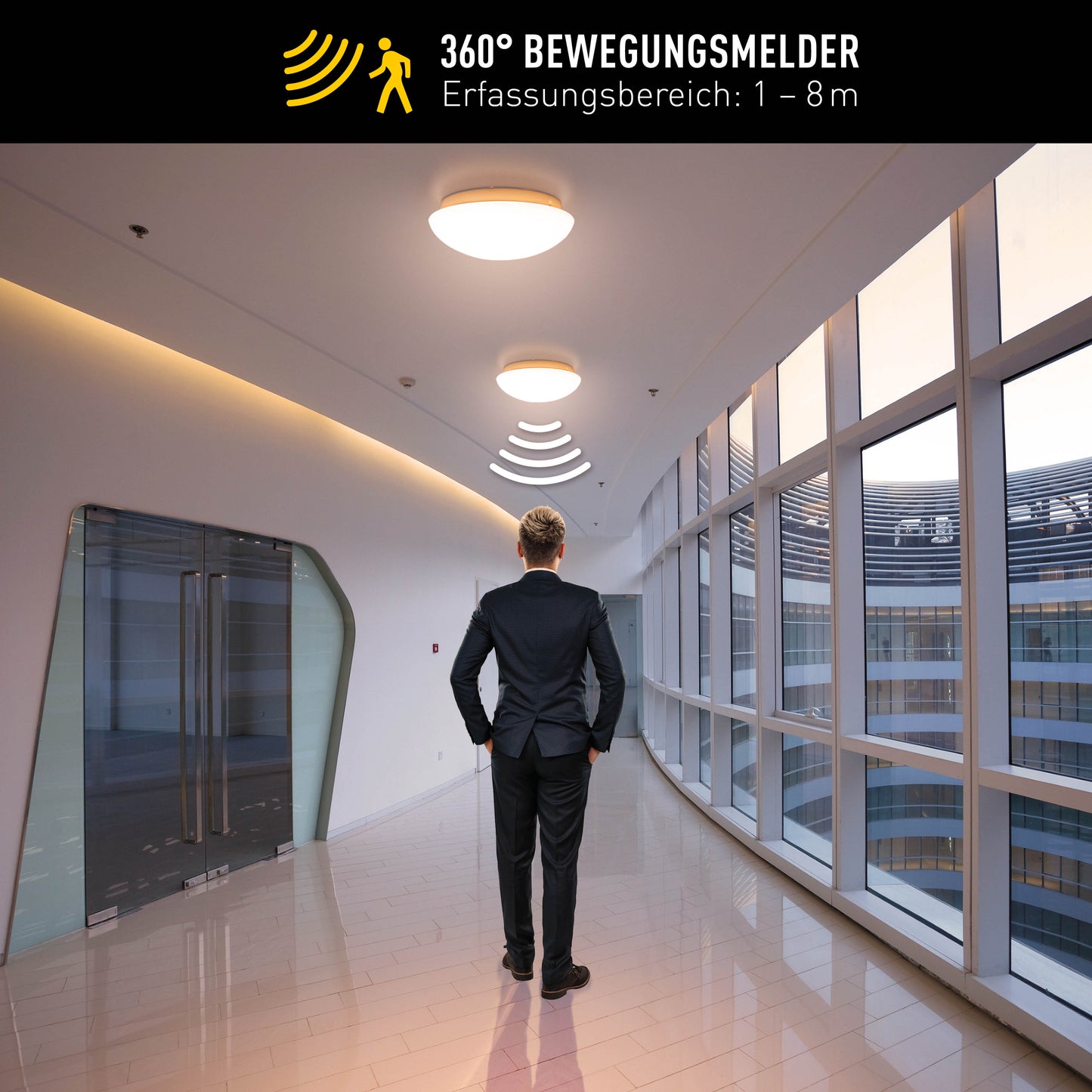 Deckenleuchten - LED Deckenleuchte "BERGEN" inkl. Sensor Ø: 25,5cm, Deckenlampe im Modern Style, aus Metall und Glas in weiß, 10 cm hoch, Ø 25,5 cm, inkl. LED  Bewegungssensor  Dämmerungssensor