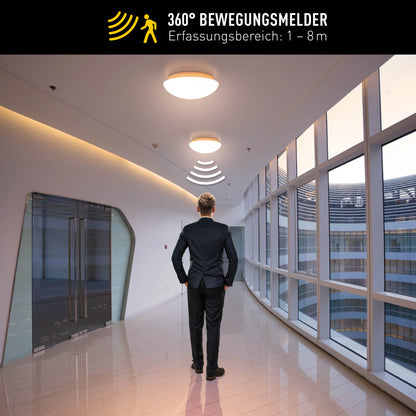 Deckenleuchten - LED Deckenleuchte "BERGEN" inkl. Sensor Ø: 25,5cm, Deckenlampe im Modern Style, aus Metall und Glas in weiß, 10 cm hoch, Ø 25,5 cm, inkl. LED  Bewegungssensor  Dämmerungssensor