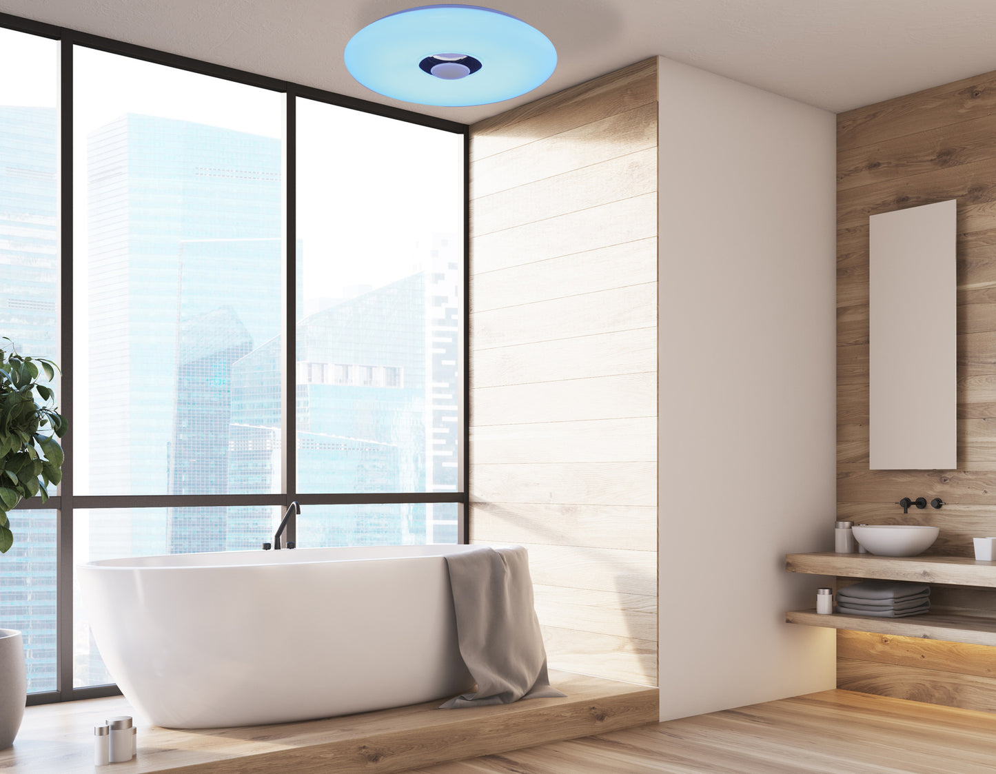 Deckenleuchten - LED Deckenleuchte "NASHVILLE" Ø:40cm, Deckenlampe im Functional Style, aus Metall und Kunststoff in weiß, 6 cm hoch, Ø 40 cm, inkl. LED  dimmbar  CCT-Wechsler  RGB-Farbwechsler  Nachtlichtfunktion  Fernbedienung  Inkl. Bluetooth Lau
