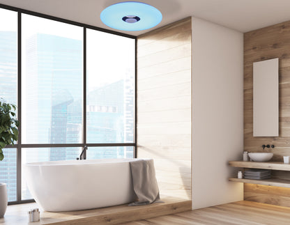 Deckenleuchten - LED Deckenleuchte "NASHVILLE" Ø:40cm, Deckenlampe im Functional Style, aus Metall und Kunststoff in weiß, 6 cm hoch, Ø 40 cm, inkl. LED  dimmbar  CCT-Wechsler  RGB-Farbwechsler  Nachtlichtfunktion  Fernbedienung  Inkl. Bluetooth Lau