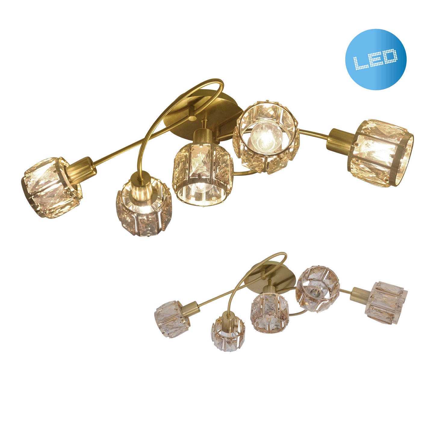 Spots - 5er-LED-Deckenleuchte "JOSEFA", Strahler im Retro Style, aus Metall und Glas in gold, 61 x 36 x 21 cm, E14-Fassung