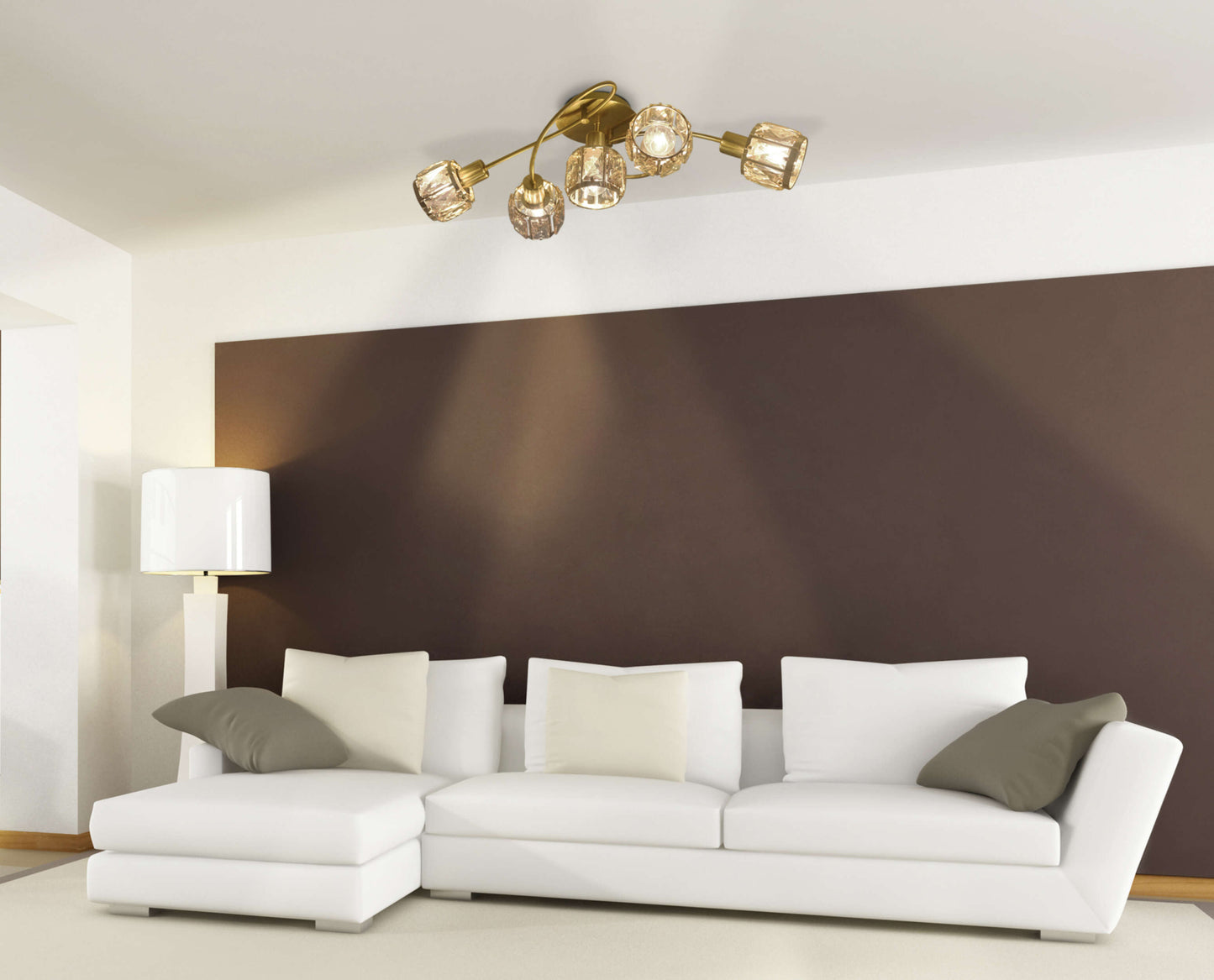Spots - 5er-LED-Deckenleuchte "JOSEFA", Strahler im Retro Style, aus Metall und Glas in gold, 61 x 36 x 21 cm, E14-Fassung