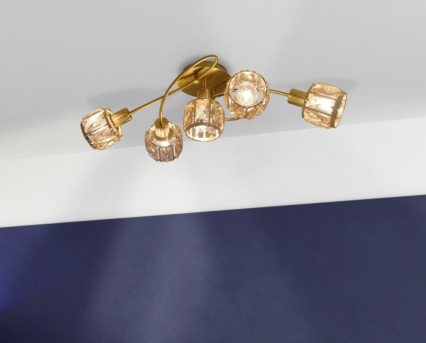 Spots - 5er-LED-Deckenleuchte "JOSEFA", Strahler im Retro Style, aus Metall und Glas in gold, 61 x 36 x 21 cm, E14-Fassung