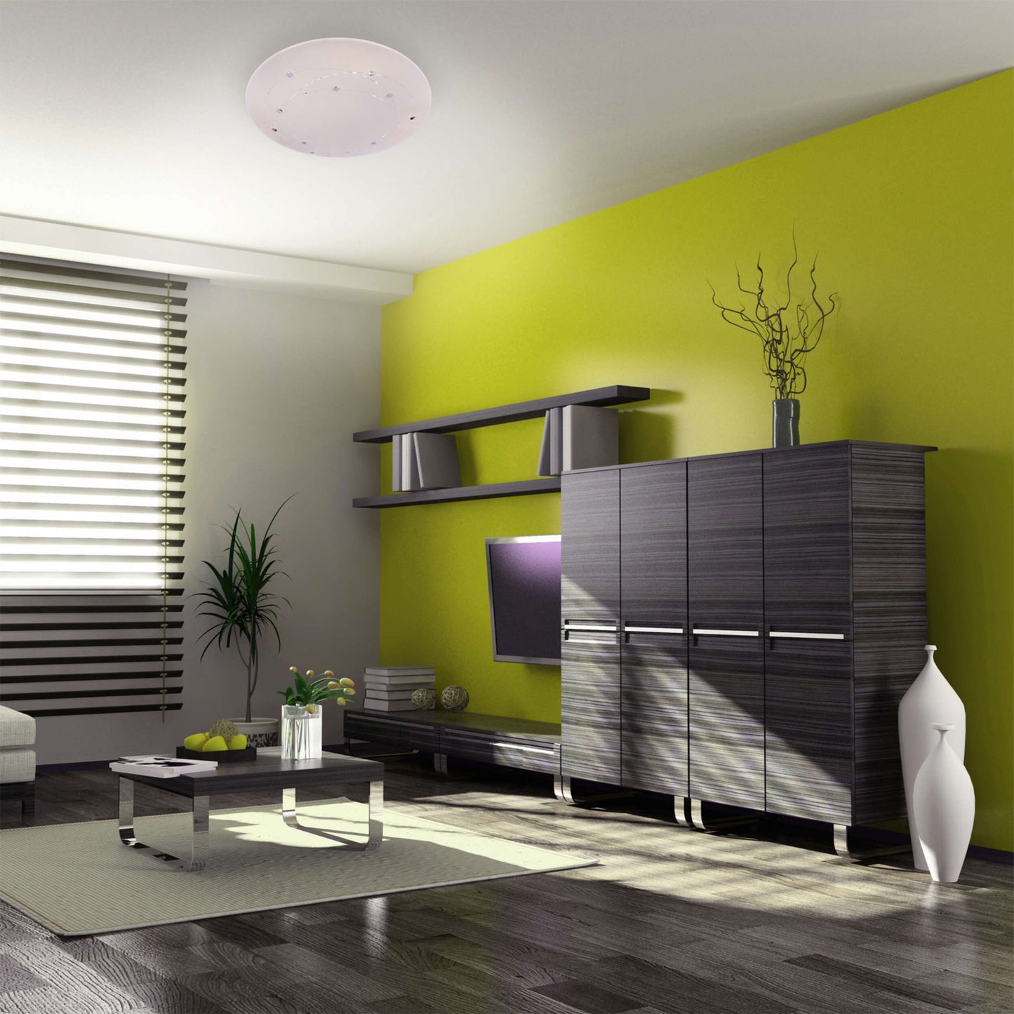 Deckenleuchten - LED Deckenleuchte "LISSABON" inkl. Kristalleffekt Ø: 61cm, Deckenlampe im Functional Style, aus Metall und Kunststoff in weiß, 9,5 cm hoch, Ø 61 cm, inkl. LED  dimmbar  CCT-Wechsler  Nachtlichtfunktion  Timerfunktion  Fernbedienung 