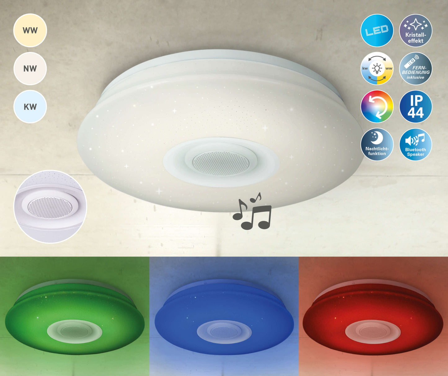 Deckenleuchten - LED Deckenleuchte "MONTREAL" mit Bluetooth, Deckenlampe im Functional Style, aus Metall und Kunststoff in weiß, 7,5 cm hoch, Ø 40 cm, inkl. LED  CCT-Wechsler  RGB-Farbwechsler  Nachtlichtfunktion  Fernbedienung  mit Kristalleffekt 