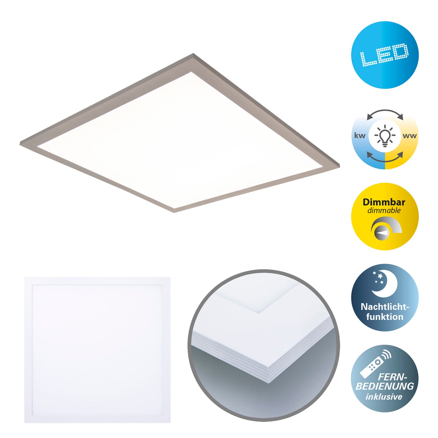 Deckenleuchten - LED / CCT Panel-Deckenleuchte "NICO" L/B: 45cm, Deckenlampe im Functional Style, aus Metall und Kunststoff in weiß, 45 x 45 x 6 cm, inkl. LED  dimmbar  CCT-Wechsler  Nachtlichtfunktion  Fernbedienung