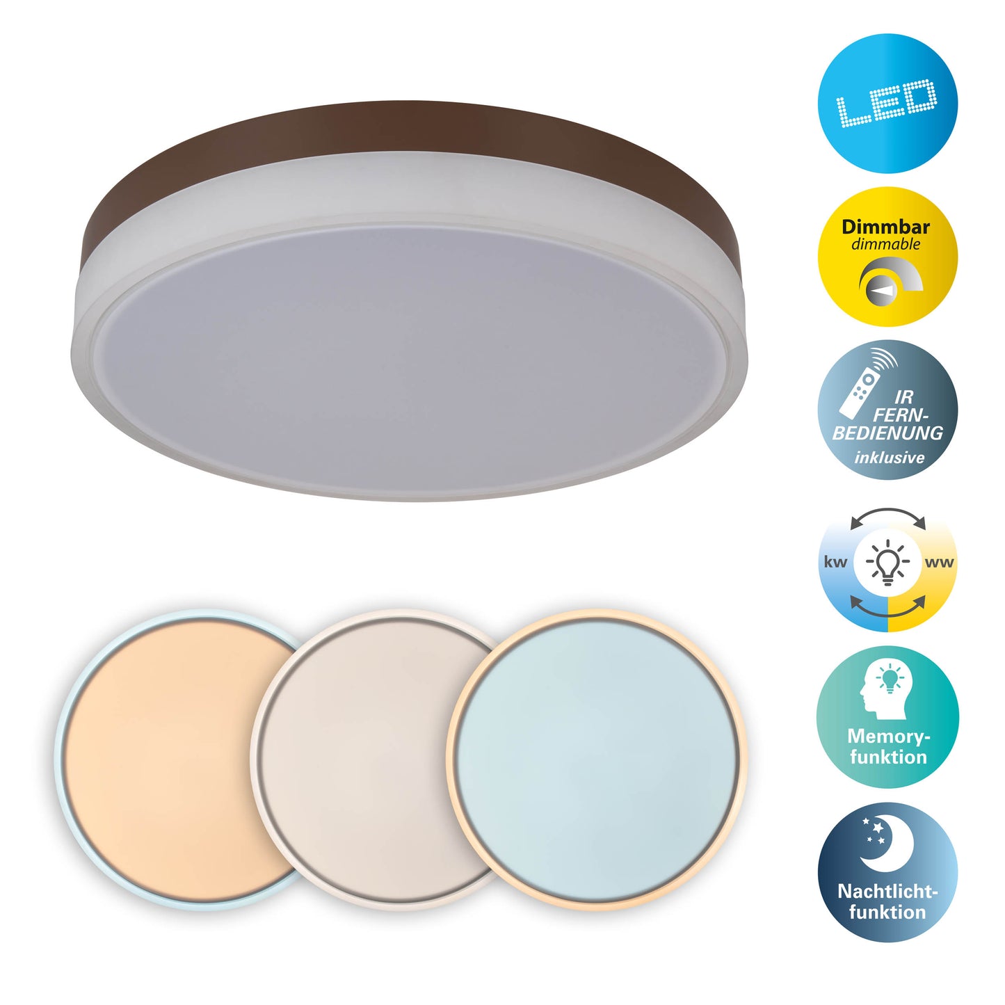 Deckenleuchten - LED / CCT Deckenleuchte "LOLA" Ø: 50cm / weiß/braun, Deckenlampe im Modern Style, aus Metall und Kunststoff in weiß, 9 cm hoch, Ø 50 cm, inkl. LED  dimmbar  CCT-Wechsler  Nachtlichtfunktion  Fernbedienung