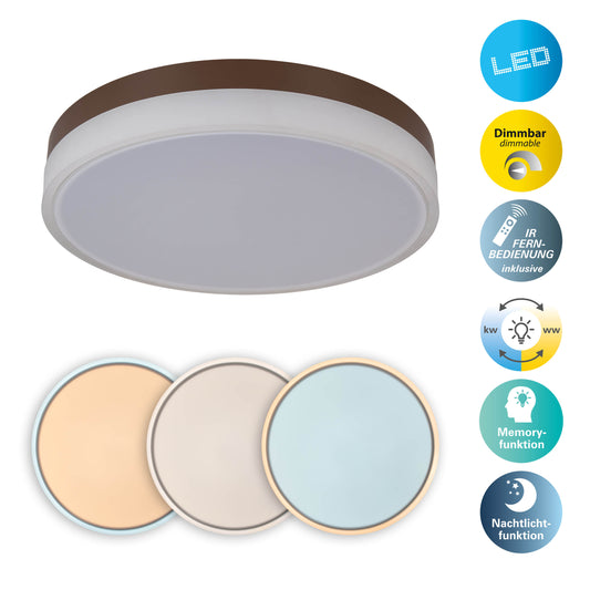 Deckenleuchten - LED / CCT Deckenleuchte "LOLA" Ø: 50cm / weiß/braun, Deckenlampe im Modern Style, aus Metall und Kunststoff in weiß, 9 cm hoch, Ø 50 cm, inkl. LED  dimmbar  CCT-Wechsler  Nachtlichtfunktion  Fernbedienung